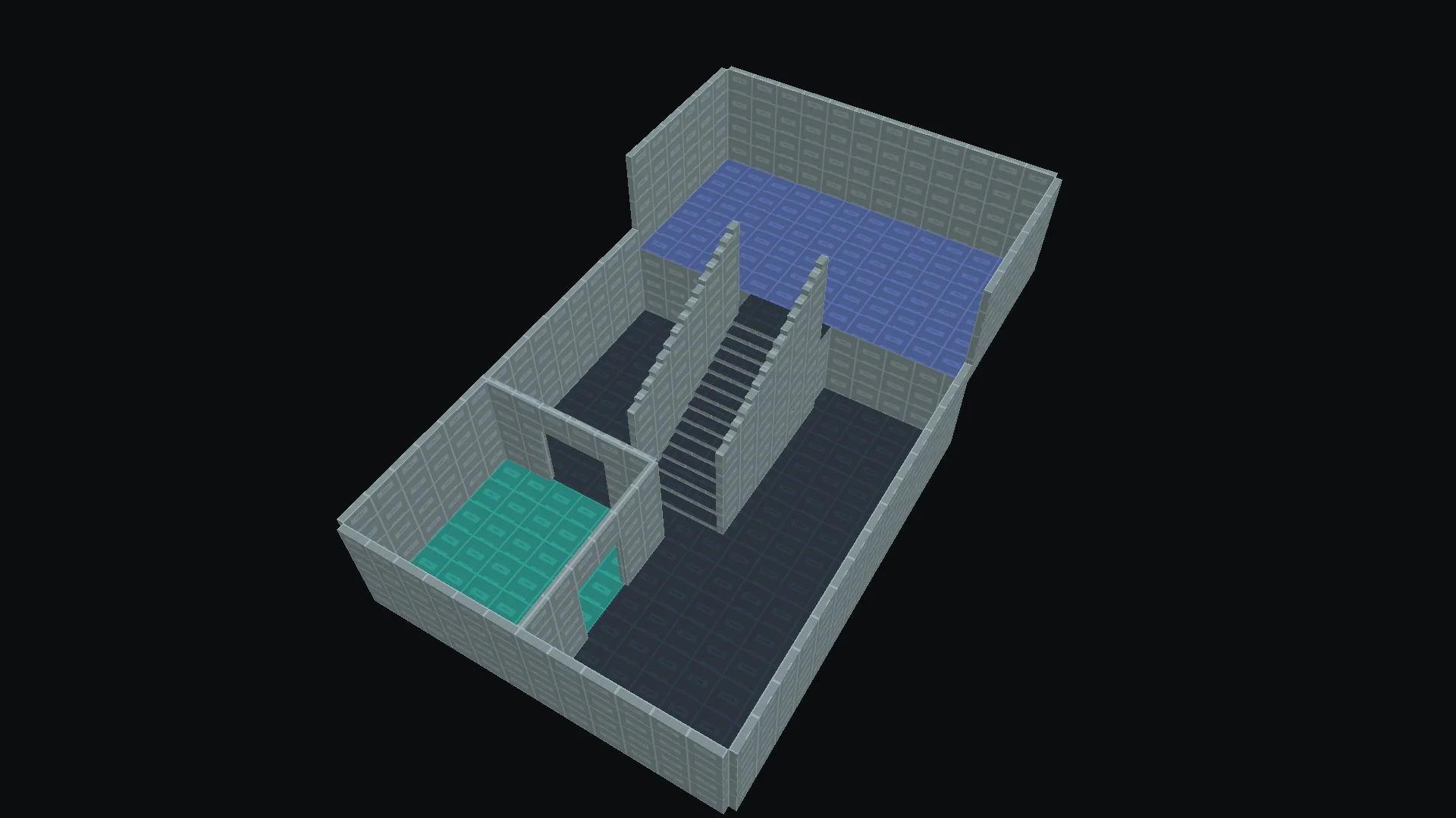 A textured 1998 level captured in Unity, with connected rooms and an open courtyard.