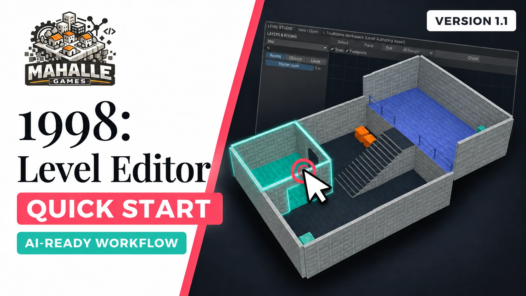 1998: Level Editor tutorial, showing the visual editor and a connected level.